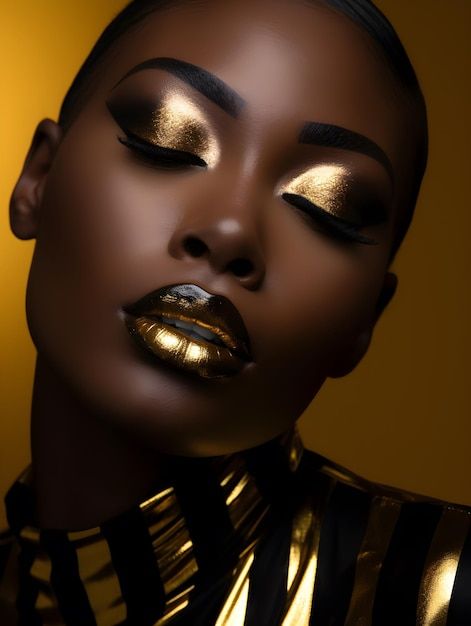 Black Fashion Makeup, Gold Lipstick Looks, Black And Gold Lipstick, Golden Glam Makeup, Venus Makeup, Gold Aesthetics, Black Owned Makeup Brands, Photography Studio Decor, Dark Makeup Looks