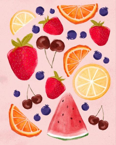 Watercolor fruits pattern postcard Summer Fruits Drawing, Fruit Posters Aesthetic, Fruit Aesthetic Painting, Fruit Easy Painting, Watercolor Art Fruit Easy, Fruit Painting Pottery, Fruit Art Aesthetic, Fruit And Flower Painting, Mini Fruit Painting