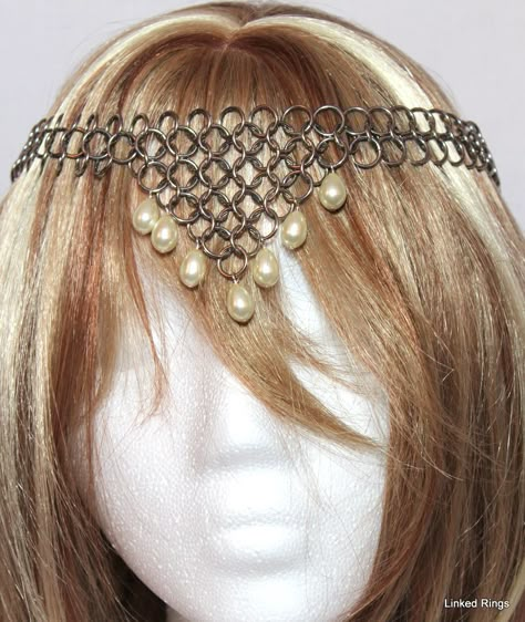 Chain Mail Head Piece, Ren Faire Chainmail, Chainmaille Headpiece, Chainmail Headpiece, Diy Chain Mail, Simple Headpiece, Joan Of Arc Costume, Chainmaille Jewelry Patterns, Chain Maille Patterns