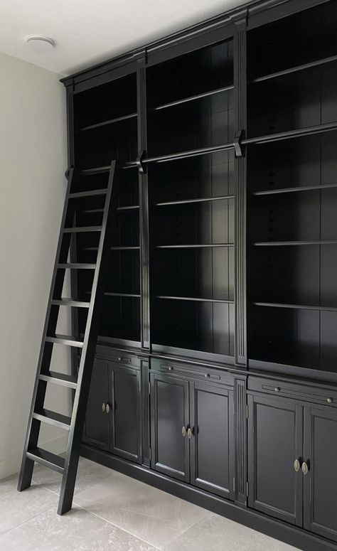 Sliding Ladder, Library Cabinet, Home Library Rooms, Library Living Room, Bookshelves In Living Room, Home Library Design, Dark Home, Home Libraries, Built In Bookcase