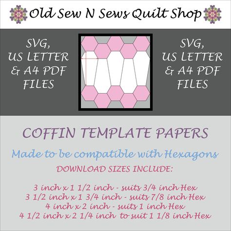 COFFIN EPP TEMPLATES - HEXAGON COMPATIBLE It’s never too late to start on a project for next years HalloweenCoffin Quilts have a long history with examples being seen from the American Civil War.We are making good use of them now, with other Coffin T... Ring Of Coffins Quilt Pattern, Coffin Quilt Template, Coffin Quilt, Epp Coffin Quilt, English Paper Piecing Coffin, Clamshell English Paper Piecing, Hexagon Projects English Paper Piecing, Epp Honeycomb Patterns, Halloween Coffin