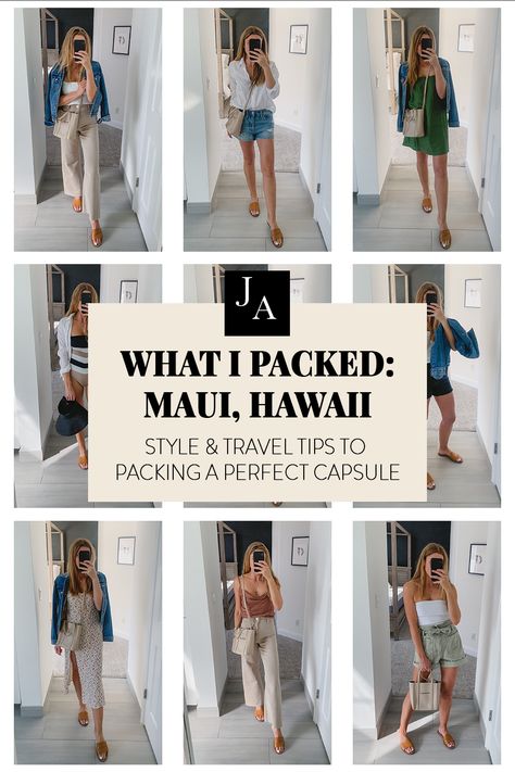 Jessica Ashley @hellojessicashley explains how to pack a great capsule wardrobe for travel and shows you where to buy essential pieces for your capsule Packing For Spring Trip, Hawaii Style Fashion Vacation, Hawaii 2023 Outfits, Vacay Capsule Wardrobe, Outfits To Pack For Vacation Summer, Cruise Outfit Capsule, Winter Tropical Vacation Outfits, Florida Vacation Outfits 2023, Hawaii Holiday Outfits