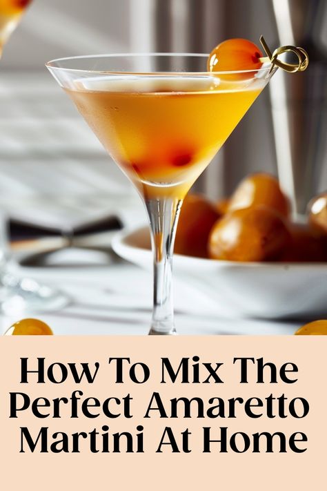 Amaretto martini garnished with cherries, with text "How To Mix The Perfect Amaretto Martini At Home". Holiday Amaretto Drinks, Italian Martini Recipe, Simple Martini Recipes, Amaretto Martini, Pistachio Martini Recipe, Disaronno Drinks, Amaretto Drinks Recipes, Amaretto Cocktails, Martini Recipes Easy