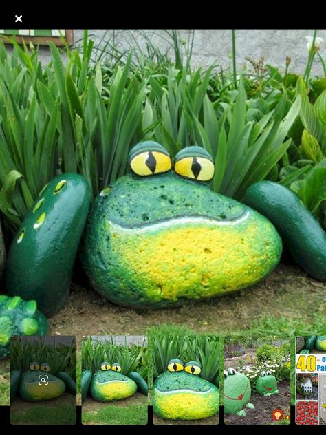 Garden Rock Art, Rock Garden Design, Rock Garden Landscaping, Yard Project, Garden Markers, Garden Art Sculptures Diy, Garden Art Projects, Green Frog, Rock Painting Designs