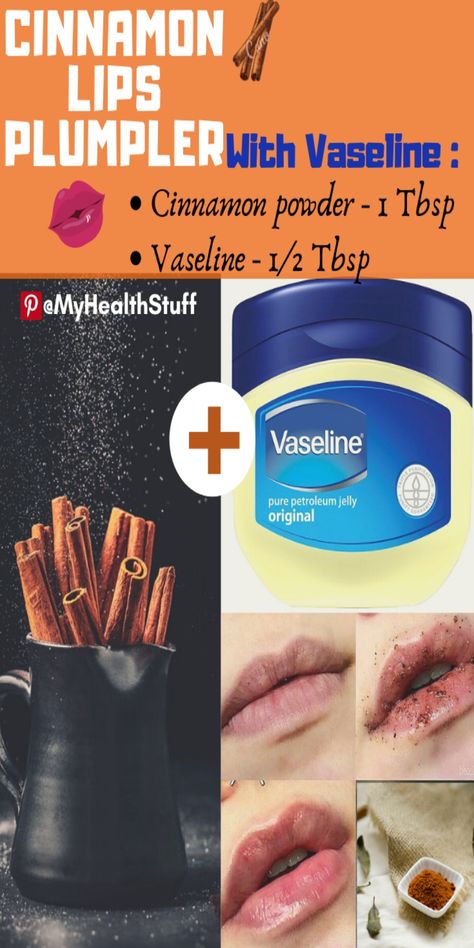 Easy DIY Plumping Lips recipe, for Soft and Plumped Lips, you can apply it 3 days a week #cinnamon #lipsplumping #vaseline #skincare #beauty #bodycare #diy Chapstick Diy, Bigger Lips Naturally, Diy Lip Plumper, Lip Plumber, Plumping Lips, Plumped Lips, Bigger Lips, Fuller Lips Naturally, Diy Scrubs