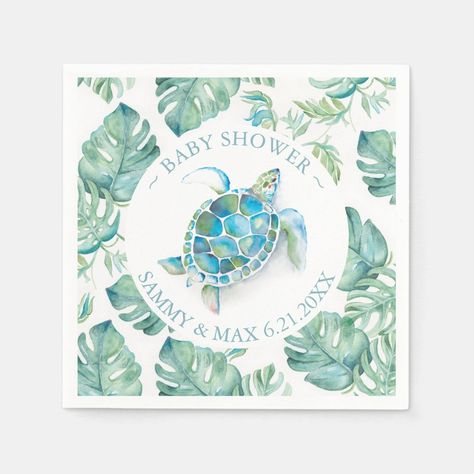 Tropical Sea Turtle Watercolor Baby Shower Napkins - sea turtle party gifts Sea Turtle Party, Sea Turtle Watercolor, Palm Leaf Art, Turtle Watercolor, Tropical Gifts, Beach Glass Crafts, Tropical Sea, Baby Shower Napkins, Watercolor Baby Shower