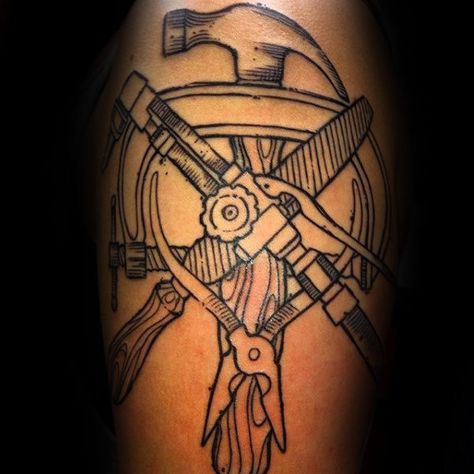 Welding Tools Mens Woodcut Upper Arm Tattoo Welding Tattoo Ideas For Men, Welding Tattoo Ideas, Industrial Tattoo, Welder Tattoo, Welding Tattoo, Om Symbol Tattoo, Element Tattoo, Helmet Tattoo, Bright Tattoos