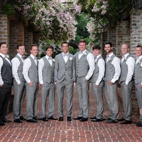 Have groomsmen wear vests instead of jackets Groomsmen Attire Grey, Grooms Suits, Groomsmen Vest, Mens Wedding Suits, Wedding Groomsmen Attire, Groomsmen Grey, Groom Wedding Attire, Groomsmen Outfits, Groom And Groomsmen Attire