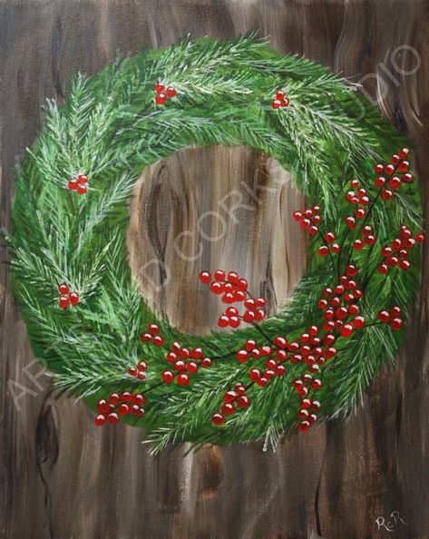 Christmas Holly Painting Acrylic, Paintings Of Christmas Wreaths, Painted Wreath On Canvas, Christmas Wreath Painting On Canvas, Painted Christmas Wreath On Wood, Wreath Painting Christmas, How To Paint A Christmas Wreath, Christmas Wreath Painting Acrylic, Wreath Painting Acrylic