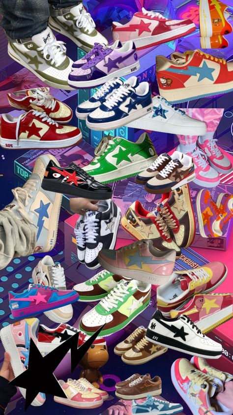 Bape Shoes Wallpaper, Bapesta Wallpaper Y2k, Bapesta Shoes Wallpaper, Shoe Collage Wallpaper, Jordan Aestetic, Bapesta Wallpaper Star, Shoes Bapesta, Bapesta Wallpaper, Bape Star Shoes