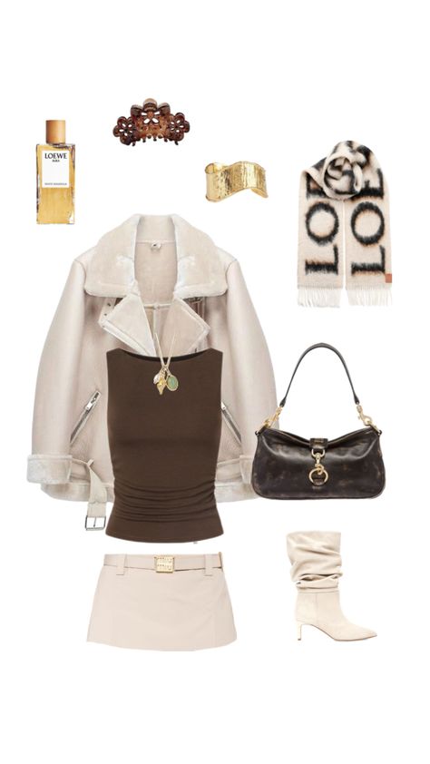 beige teddy bear jacket, brown sleeveless top, beige miu miu miniskirt, white boots, brown miu miu bag, beige loewe scarf, gold accessories, gold jewellery, gold necklace pendant, gold bracelet cuff, brown hair clip, loewe perfume, autumn, fall, warm, cute, feminine, pretty, elegant, wealthy, city, chic, cool, chill, new york, london, europe, fashion, clothing Outfit Layout Fall, Fits Y2k, Autumn Fall Aesthetic, Office Fits, Y2k Fits, Outfit Layout, Fall Aesthetic, Autumn Outfit, Aesthetic Outfit