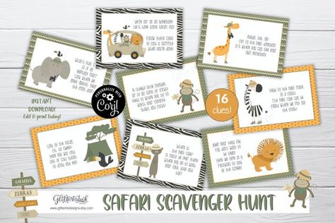 RUMBLE IN THE JUNGLE! Add some adventure to your safari themed birthday or baby shower with this editable set of scavenger hunt clue cards. Simply download, print and cut! ★ TRY BEFORE YOU BUY! ★ Just to see how easy peasy this is to use, check out my free demo here: (copy/paste the following URL Safari Scavenger Hunt, Safari Party Games, Clue Cards, Children Ministry, Treasure Hunt Clues, Scavenger Hunt Clues, Baby Shower Party Games, Jungle Safari Party, Scavenger Hunt For Kids