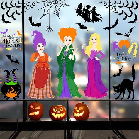 PRICES MAY VARY. Package Includes--There are 8 sheets window clings in the package, the size of each sheet is 17inches*11.8inches(43*30cm), included 149pcs large window clings. Hocus Pocus extra large 3 witches with black cat, bat, spider, cauldron Halloween window stickers, great variety and assorted designs to satisfy your holiday decoration needs. Easy to Use--These Halloween clings were pre-cut on flat sheets, ready to apply, easy to use and peel off, the clings without glue, which leaves no Decor For Windows, Hocus Pocus Decorations, 3 Witches, Simple Halloween Decor, Witch Sisters, Outside Halloween Decorations, Halloween Window Clings, I Smell Children, Halloween Garden Flag