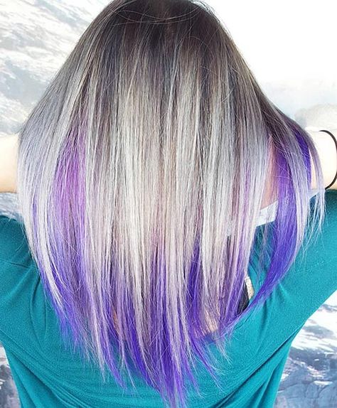 21 Silver Hair Looks That Will Make You Want To Go Gray This Christmas Undercolor Hair, Purple Grey Hair, Hidden Hair Color, Grey Eye Makeup, Peekaboo Hair Colors, Purple Hair Highlights, Perfect Blonde Hair, Peekaboo Hair, Purple Highlights