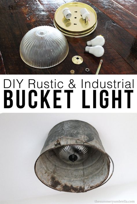 Rustic Diy Light Fixtures, Rustic Porch Lighting Ideas, Diy Rustic Ceiling Light, Rustic Flush Mount Ceiling Lights, Old Light Fixtures Repurpose, Galvanized Bucket Lighting, Farmhouse Ceiling Ideas, Diy Farmhouse Light Fixtures, Rustic Lighting Ideas