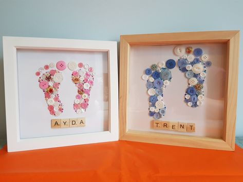 Intricately hand crafted footprints, made from buttons, gems and sequins.

Perfect for christenings, birthdays or celebration of birth!
The frame is a box frame measuring 9x9 inches and is the perfect addition to any nursery or child's bedroom.

Each frame is handmade to order making it completely unique. The frames are made from your chosen buttons and a mixer of white, clear and coloured gems and pearls, set on a white background. First Birthday Presents, Deep Box Frames, Easter Tree Decorations, Personalized Baby Girl, Art Birthday, Birthday Numbers, Button Art, Baptism Gifts, Button Crafts