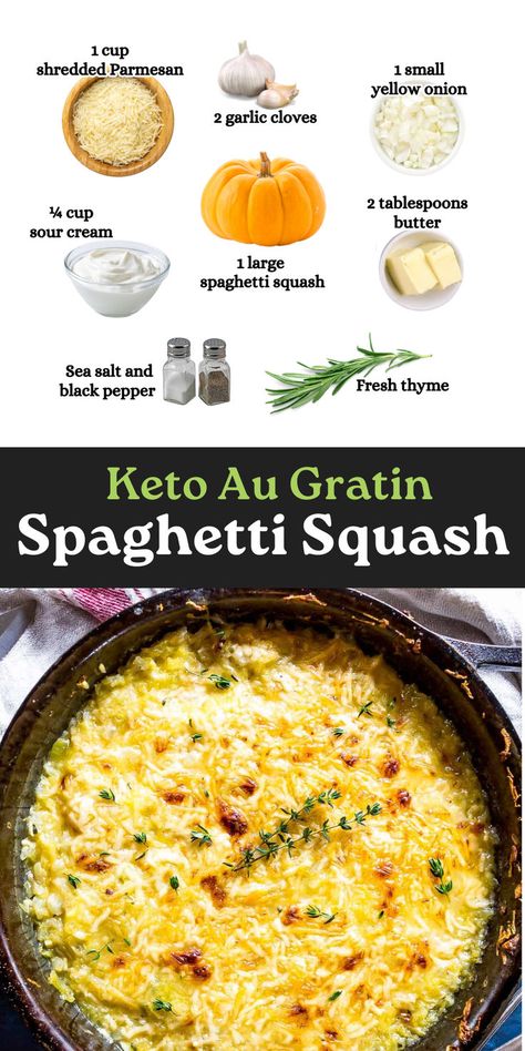 Image of spaghetti squash cooked in a cast iron skillet and the ingredients used for it Spaghetti Squash Benefits, Spaghetti Squash Au Gratin, Keto Spaghetti Squash, Squash Au Gratin, Keto Spaghetti, Cook Spaghetti Squash, Au Gratin Recipes, Healthy Dinner Options, Spaghetti Squash Recipes