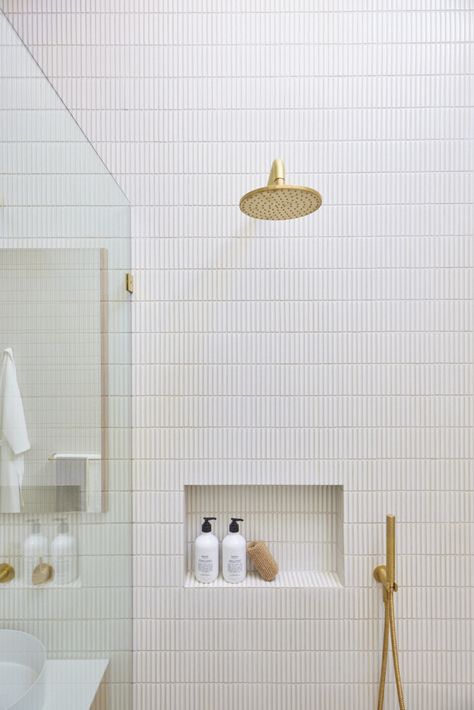 Timeless And Fun Bathroom, Straight Stack Tile, White Bathroom Wall Tiles, The Block Bathrooms, In Suite Bathroom, Tiled Bathroom Walls, The Block Bathroom, Bathroom Tiles Wall, Bathroom Tiles Ideas