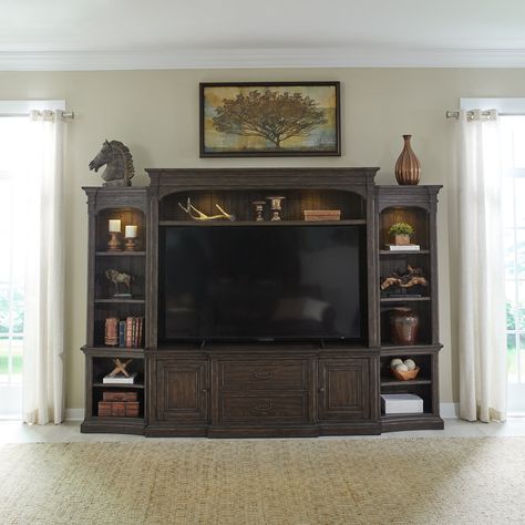 Canora Grey Saben 78" Entertainment Console - Saddle Brown | Wayfair Wood Entertainment Center, Entertainment Wall Units, Entertainment Wall, Entertainment Console, Storage Credenza, Entertainment Furniture, Tv Stands And Entertainment Centers, Paradise Valley, Saddle Brown