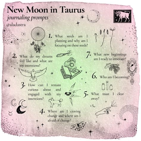 We complete our Journaling Prompts cycle with April's #newmoon in Taurus ♉️ The new moon is all about new beginnings, setting new goals, and creating a fresh start. During this time, you should ask yourself where you might be lacking in life and what areas of your life need help or focus. This is a great time for #affirmations, intention setting, and #selfcare 🌚 ⁠ New Moon In Taurus Journal Prompts, May New Moon 2024, Taurus New Moon Ritual, New Moon In Taurus Tarot Spread, New Moon In Taurus 2024, April Intentions, New Moon Journal Prompts, Taurus 2023, Cosmic Feelings