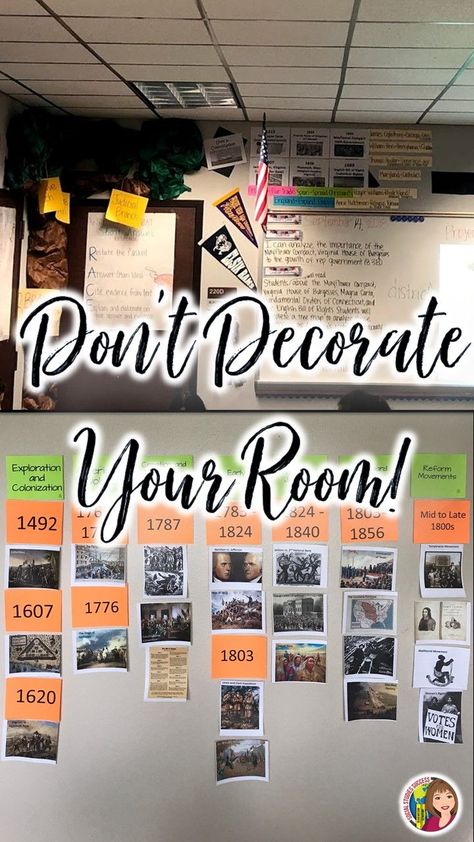 Don t decorate your room this year - Design it for learning! | Social Studies Success Social Studies Teaching Strategies, Social Studies Bulletin Boards, Middle School Social Studies Classroom, History Classroom Decorations, Social Studies Projects, Social Studies Notebook, Funny Art History, Middle School History, High School Social Studies