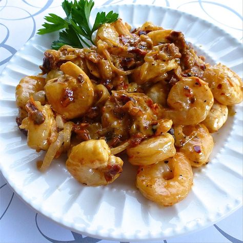 Cognac Shrimp Brown Shrimp Recipes, Cognac Cream Sauce Recipe, Cognac Shrimp, Saffron Shrimp, Spicy Garlic Lemon Butter Shrimp With Parmesan Corn Polenta., Fresh Olives, Caramelized Shallots, Healthiest Seafood, Pescatarian Recipes