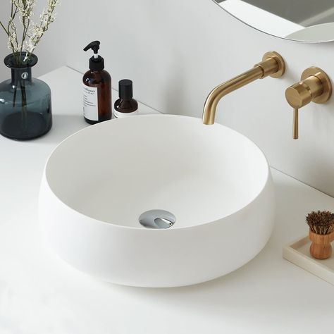 Cpingao Bathroom Sink Matte White Stone Resin 17.7'' Round Bathroom Vessel Sink, Above Counter Vessel Sink Basin with Pop-up Drain (White) : Amazon.co.uk: DIY & Tools Sink Above Counter, Round Bathroom, Sink Basin, Bathroom Safety, Vessel Sink Bathroom, Vessel Sinks, Bathroom Sinks, Bathroom Sink Vanity, Bath Fixtures