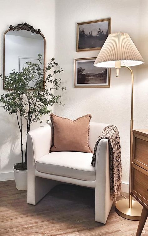 Chair In Corner Of Bedroom, Cozy Salon Ideas, Small Nook Ideas Living Room, Styling Piano, Corner Chair Decor, Floating Nightstand Ideas, Modern Floating Nightstand, Cozy Reading Chair, Nightstand Ideas