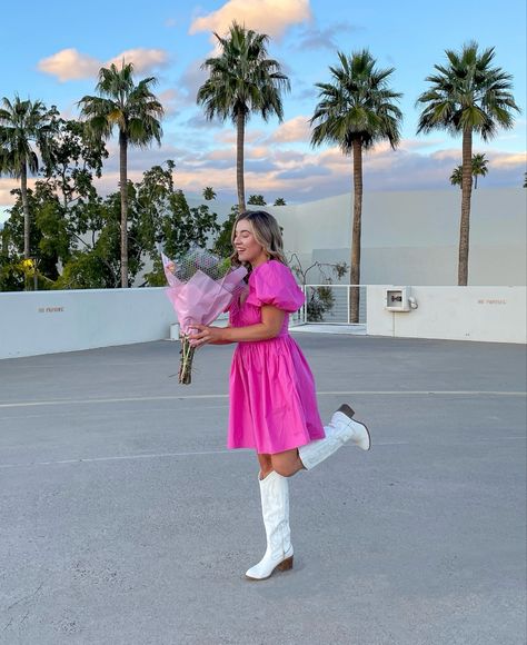 Pink Dress With White Cowboy Boots, Hot Pink Dress With Cowboy Boots, Pink Dress With Cowgirl Boots, Pink Dress White Cowboy Boots, Pink Dress Cowgirl Boots, Pink Dress Cowboy Boots, White Cowboy Boots Outfit Dress, Pink Dress With Cowboy Boots, Pink Dress White Boots