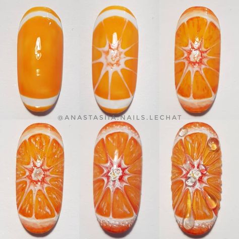 Almond Nails Designs Summer, Fruit Nail Designs, Orange Nail Art, Food Nails, Fruit Nail Art, Nail Drawing, Nail Jewels, Creative Nail Designs, Nail Art Designs Diy