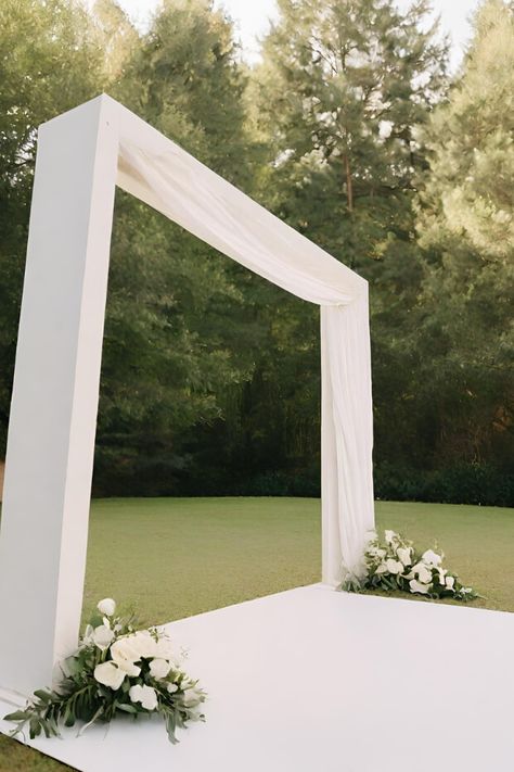 Modern Wedding Arch, Ceremony Draping, Field With Flowers, Sweetheart Table Backdrop, Wooden Wedding Arches, White Wedding Arch, Wedding Arches Outdoors, Wedding Arch Ideas, Wedding Ceremony Arch