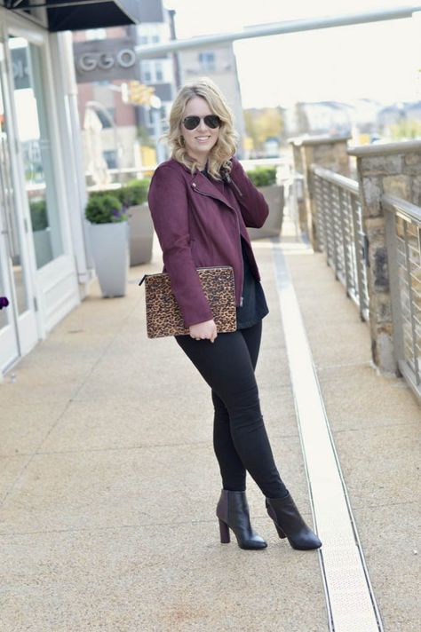 burgundy moto jacket fall outfit | A Blonde's Moment Black Suede Pants Outfit, Jacket Over Dress, Moto Jacket Outfit, Fur Vests, Pink Turtleneck Sweater, Casual Fall Outfit, Blonde Moments, Leopard Clutch, Winter Pants Outfit