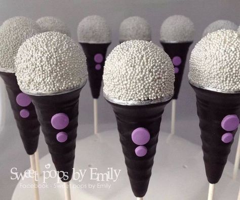 Music Cake Pops Ideas, Rock And Roll Theme Cake Pops, Microphone Treats, Music Themed Treats, Rock N Roll Cake Pops, Music Cake Pops, Rock And Roll Cake Pops, Microphone Cake Ideas, Disco Cake Pops