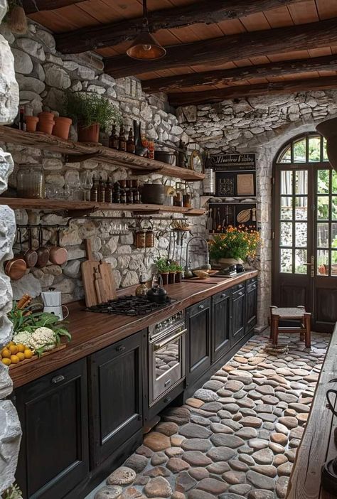 Rustic Stone Kitchen, Earthship Kitchen, Stone Wall Kitchen Rustic, Fantasy Cottage Interior Kitchen, Forest Cottage Interior Kitchen, Medieval Castle Kitchen, Natural Light Kitchen, Hacienda Interior Design, Natural Stone Backsplash