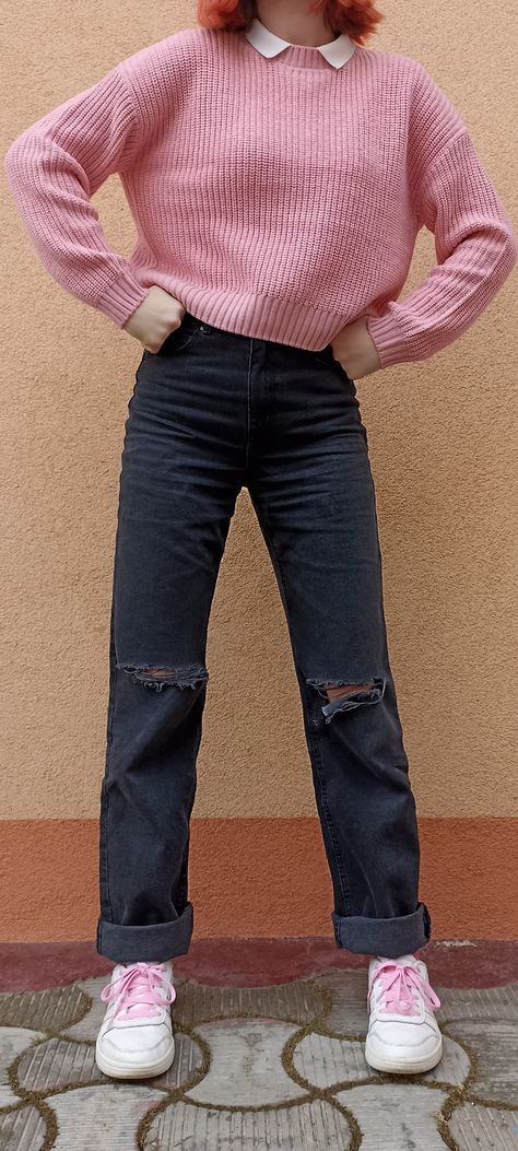 Kurta With Straight Jeans, Pink Sweater Black Jeans, Pink Sweater With Collared Shirt, Pink Ribbed Top Outfit, How To Style Light Pink Jeans, Pink Cropped Sweater Outfit, Pink Top And Black Jeans Outfit, How To Style A Pink Sweater, Light Pink Shoes Outfit