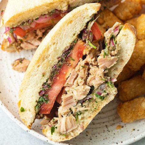 The BEST Tuna Sandwich (No Mayo!) Best Tuna Sandwich, Tuna Sandwich Recipes, Tuna Nicoise Salad, Ciabatta Roll, Tuna Salad Sandwich, Tuna Sandwich, House Salad, Pickled Red Onions, Delicious Sandwiches