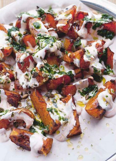 Butternut Squash, Pomegranate, Pine Nut, Feta and Mint Salad - The Happy Foodie Yotam Ottolenghi Recipes, Ottolenghi Recipes, Cilantro Sauce, Butternut Squash Recipes, Yotam Ottolenghi, Sweet Chilli Sauce, Roasted Squash, Sweet Chilli, Vegetarian Cooking