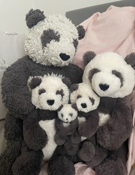 Five Jellycat pandas in different sizes. Grubby Bubby Panda Jellycat, Bday Basket, Jelly Cat, Teddy Collections, Teddy Bear Collection, Funny And Cute, Instagram Link, Soft Toys, Teddy Bears