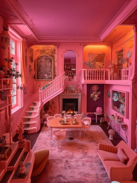 a pink living room with a staircase and furniture, in the style of otherworldly scenes, school of london, maximalism, site-specific installations, renaissance-inspired chiaroscuro, detailed miniatures Barbie House Interior, Barbie Aesthetic House, Barbie Dream House Decor, Barbie Dreamhouse Aesthetic, Barbie House Aesthetic, Rainbow Porch, Barbie Aesthetic Room, Barbie Interior Design, Barbie Dream House Aesthetic