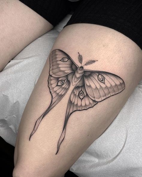 Luna Moth Tattoo. Tattoo Papillon, Luna Moth Tattoo, Butterfly Thigh Tattoo, Moth Tattoo Design, Thigh Tattoo Designs, Bug Tattoo, Mushroom Tattoos, Elbow Tattoos, Tasteful Tattoos