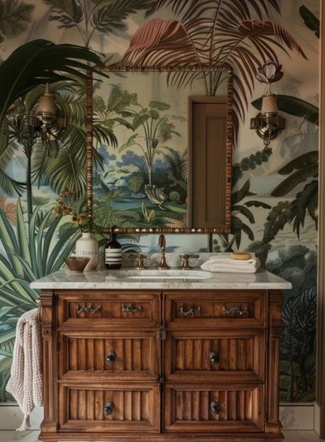 Old Florida Interior Design, British Colonial Style Bathroom, Bright Academia Aesthetic, Portuguese Interior Design, British Colonial Bathroom, Tropical Academia, Whimsical Interior, Colonial Bathroom, Tropical British Colonial