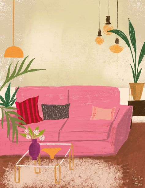 House Interior Illustration Art, Couch Painting Art, Couch Illustration, Interior Design Illustration, Living Room Illustration, Living Room Drawing, Bedroom Illustration, Room Illustration, Pink Day