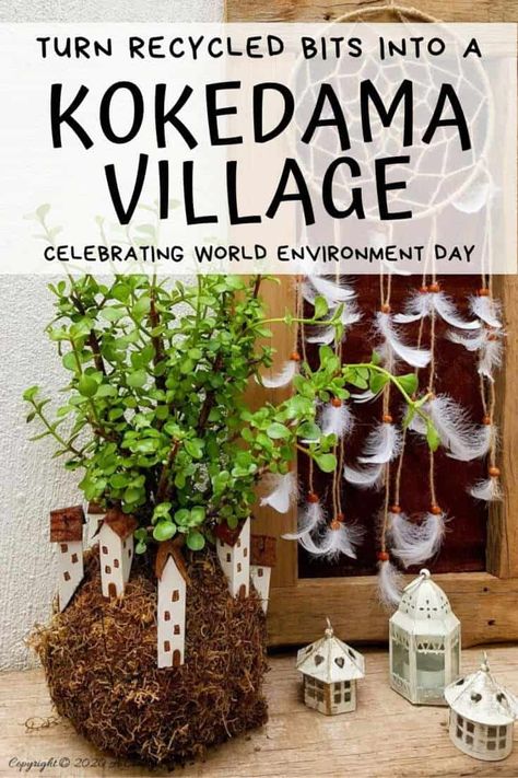 Take your moss ball string garden to the next level with this cute kokedama fairy village. Easy to make and customize. #EcoFriendly #Kokedama #FairyVillage #ACraftyMix #EasyGardenCraft #MossBalls #SpekBoom #kokedamaIdeas #StringGarden #IndoorPlants #EnvironmentDay Kokedama Stand, Fairy Architecture, Plant Business, Wabi Kusa, String Garden, Witch Things, Urban Boho, Flea Market Gardening, Bottle Trees