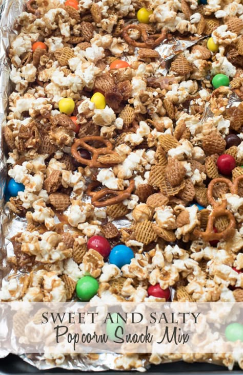 Sweet and Salty Popcorn Snack Mix Recipe Popcorn Snack Mix Recipes, Popcorn Mix Recipes, Sweet And Salty Popcorn, Sweet Snack Mix, Christmas Snack Mix, Fall Snack Mixes, Trail Mix Snack, Party Mix Snacks, Savory Popcorn