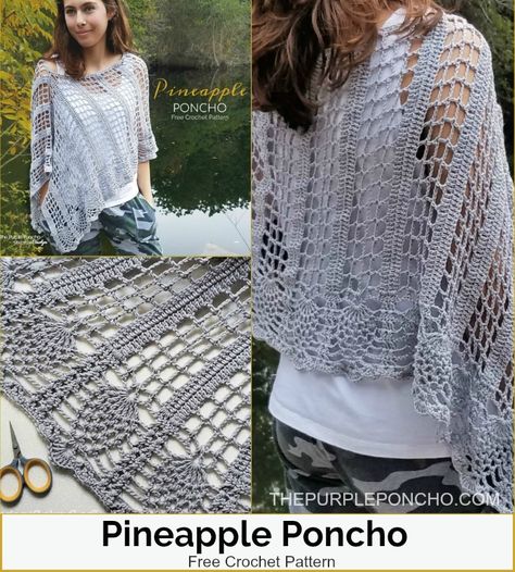 The Pineapple Poncho is a light and lacy garment that can be worn year round, featuring a lacy stitch combination with pineapples! Get the free crochet pattern on The Purple Poncho - Crochet by Carolyn. Pineapple Stitch Crochet Blanket, Crochet Shawls And Ponchos, Crochet Round Shawl Pattern Free, Dk Weight Crochet Patterns Free, Light Weight Yarn Crochet Patterns Free, Lace Weight Yarn Crochet Patterns Free, Lace Weight Crochet Patterns, Free Crochet Patterns For Shawls, Cotton Yarn Crochet Patterns Free