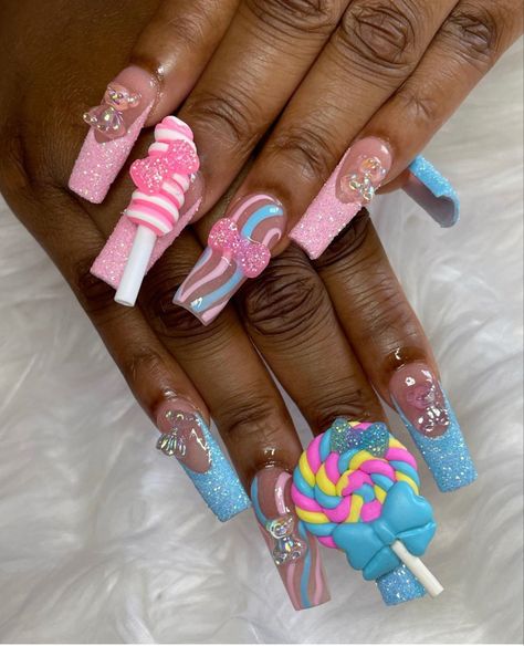 Candy Charms Nails, Cotton Candy Acrylic Nails, Candy Land Nails Designs, Candy Kawaii Nails, Candy Gel Nails, Candy Junk Nails, 3d Candy Nails, Candy Land Nails Acrylic, Candy Nails Designs 3d