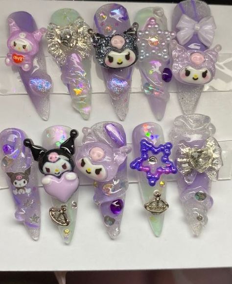 Kawaii nails Funky nails Crazy nails Purple nails Pretty gel nails Nails My Melody Kuromi Nails, Sanrio Nails Kuromi, Uñas Kuromi, Kuromi Things, Kuromi Nails, Kuromi Stuff, Lilac Nails Design, Jasmine Nails, Sanrio Nails