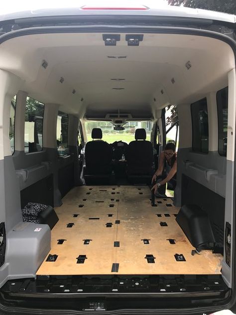 Passenger Van Camper, Ford Transit Passenger Van Conversion, Passenger Van Conversion, Camping Goals, Fake Wood Flooring, 15 Passenger Van, Ford Transit Campervan, Fake Wood, Camping Van