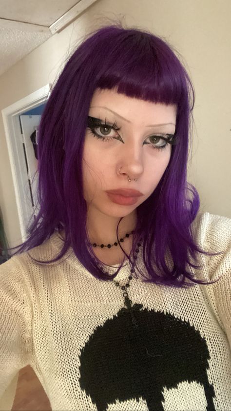 Purple Eyebrows Makeup, Purple Dyed Hair Short, Purple Hair Aesthetic Faceless, Purple Alt Hair, Purple Goth Hair, Hair Inspo Color Short, Purple Hair Bangs, Gothic Bangs, Micro Bangs Hairstyle