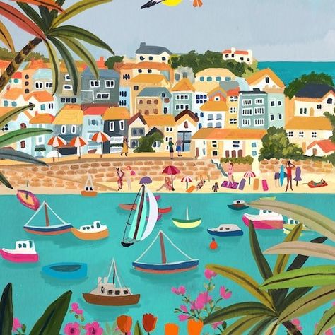 City Canvas Art, St Ives Cornwall, Mountain City, Colorful Mountains, Art Birthday, Travel Illustration, St Ives, Christmas Window, Abstract Canvas Painting